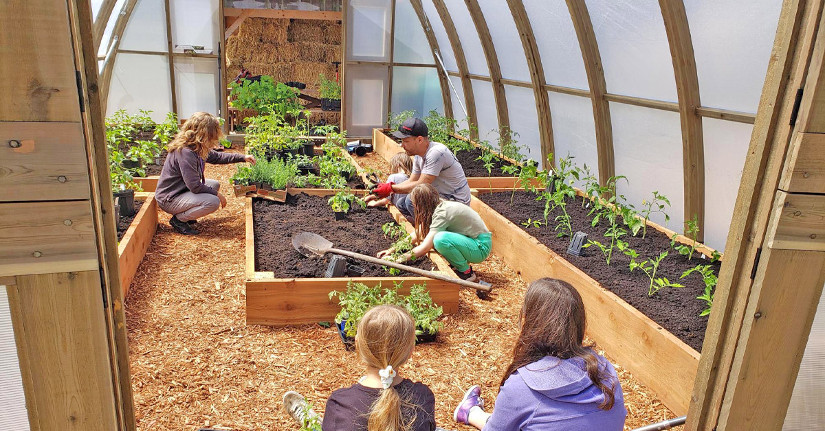 Slocan Community Greenhouse Built By Argenta Greenhouse Company Kids and adults working in the Slocan BC Community Greenhouse Built By Argenta Greenhouse Company